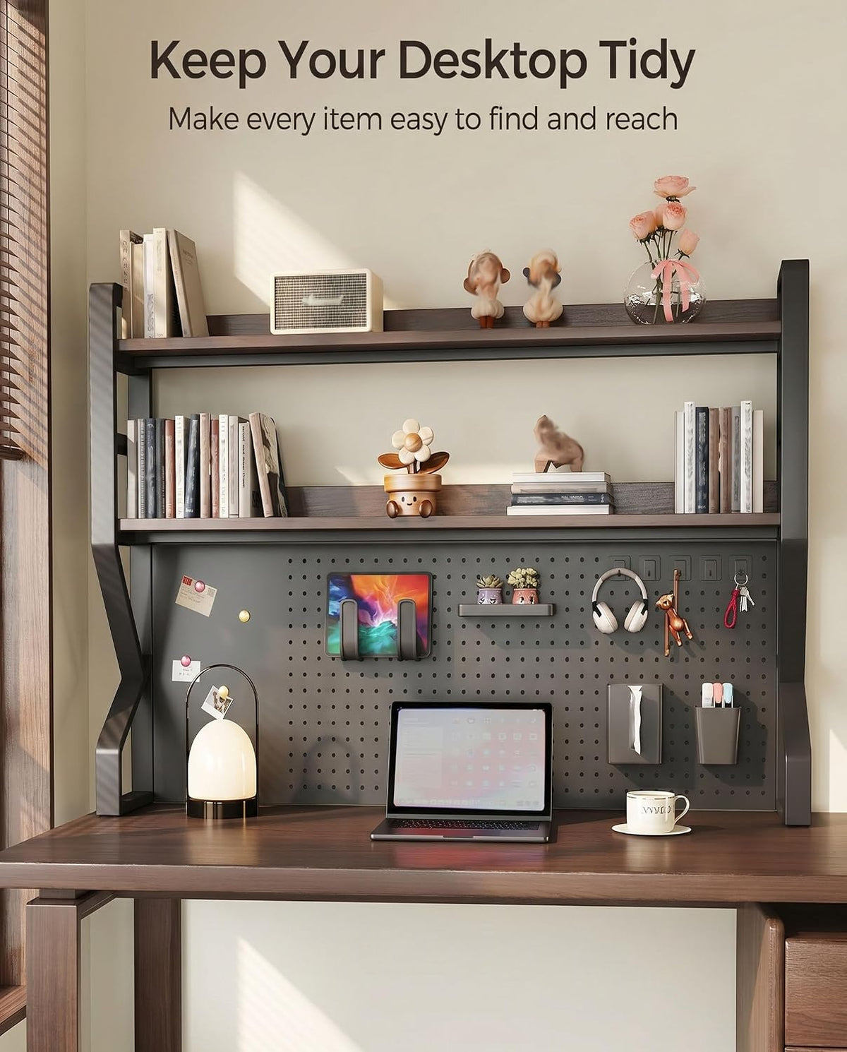 29.5 * 37.5 inch Double-Layer Desktop Storage Rack with DIY pegboard, Open Desktop Storage Rack, Multifunctional Office Supplies Storage Rack, Suitable for Home, Office, and Dormitory, etc.