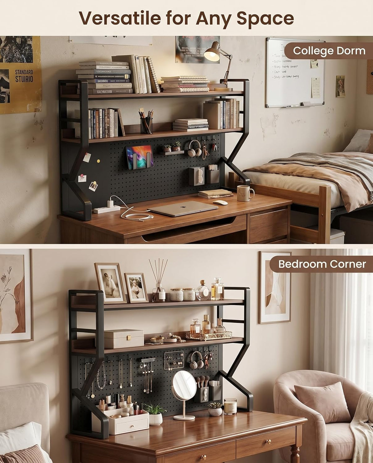 29.5 * 37.5 inch Double-Layer Desktop Storage Rack with DIY pegboard, Open Desktop Storage Rack, Multifunctional Office Supplies Storage Rack, Suitable for Home, Office, and Dormitory, etc.