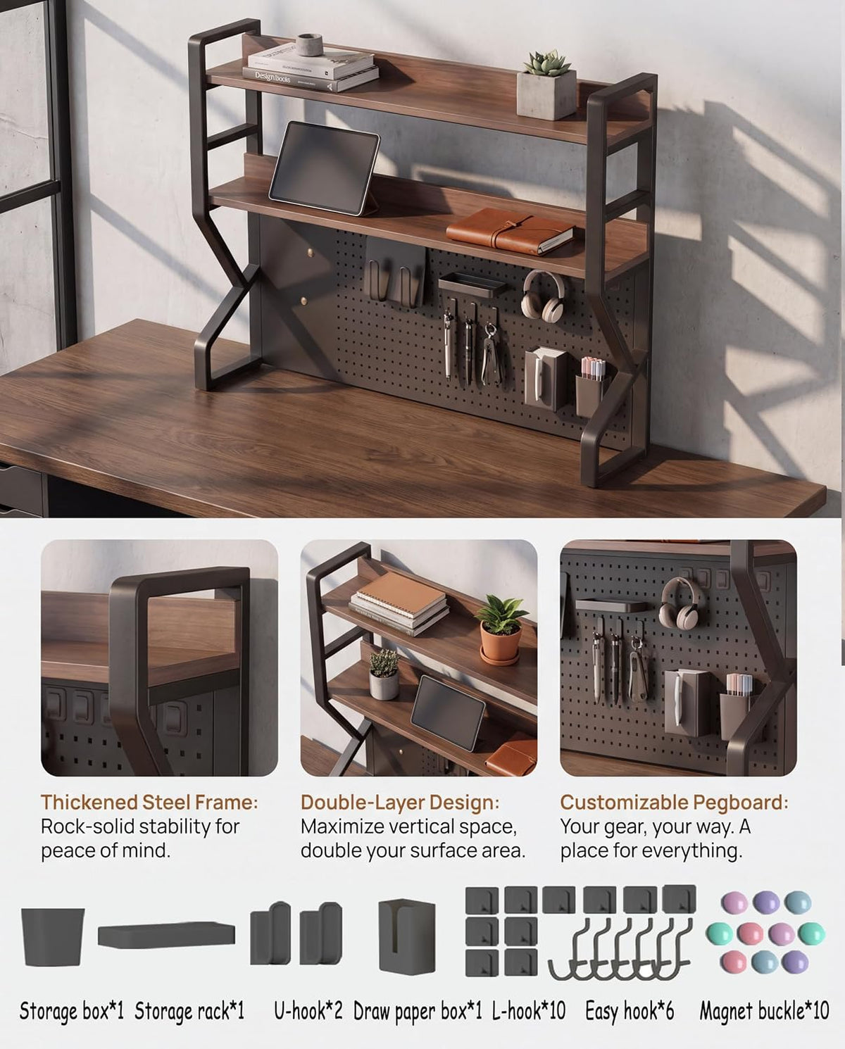 29.5 * 37.5 inch Double-Layer Desktop Storage Rack with DIY pegboard, Open Desktop Storage Rack, Multifunctional Office Supplies Storage Rack, Suitable for Home, Office, and Dormitory, etc.