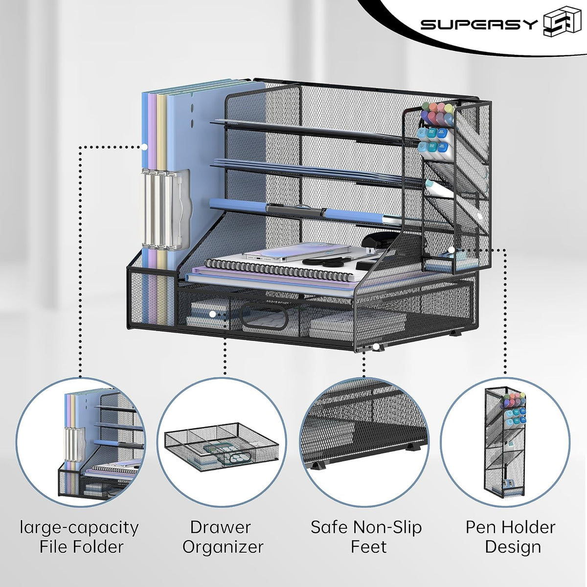 Desk Organizer with 5 Tier File Holder and Sliding Drawer Pen Holder Black