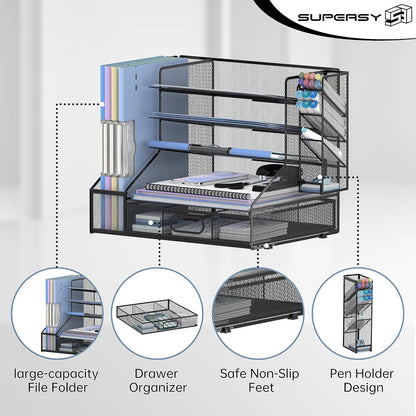 Desk Organizer with 5 Tier File Holder and Sliding Drawer Pen Holder Black