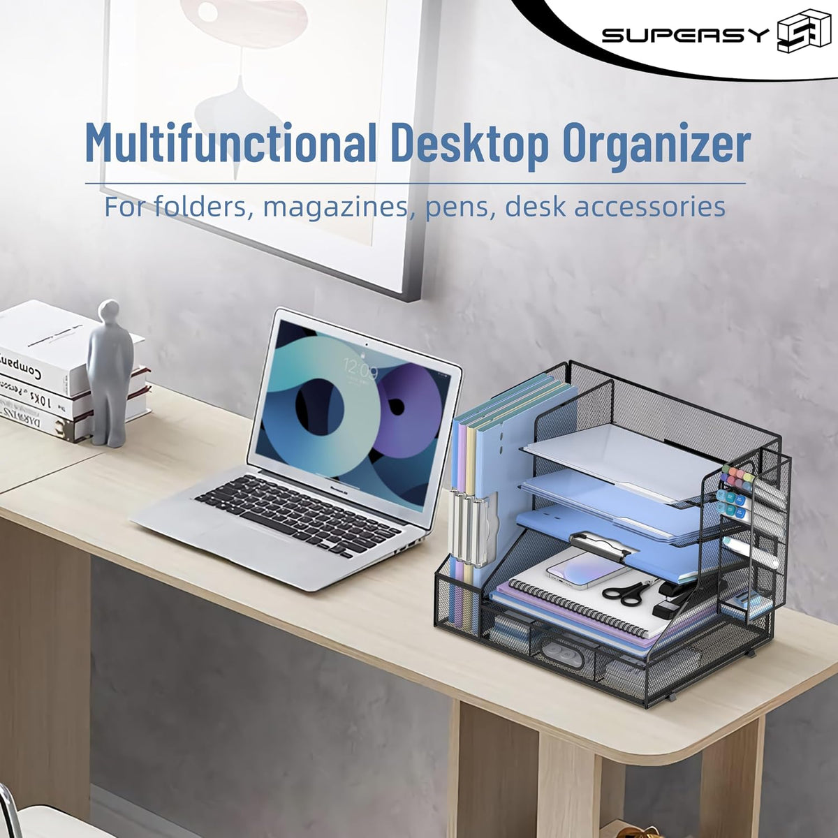Desk Organizer with 5 Tier File Holder and Sliding Drawer Pen Holder Black