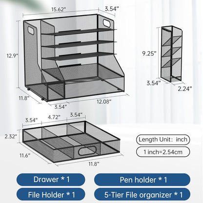 Desk Organizer with 5 Tier File Holder and Sliding Drawer Pen Holder Black