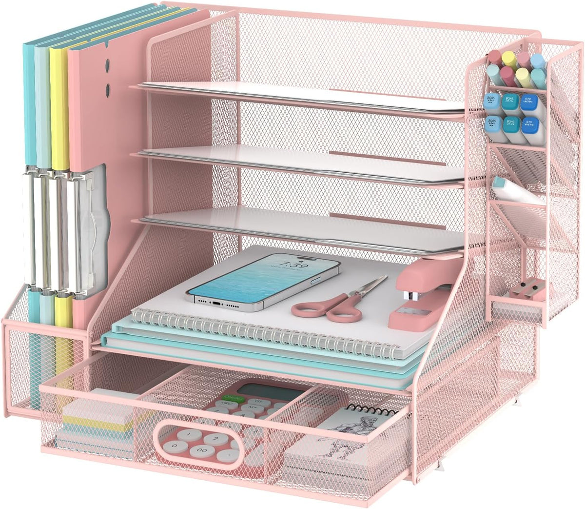 Desk Organizer with 5 Tier File Holder and Sliding Drawer Pen Holder Black