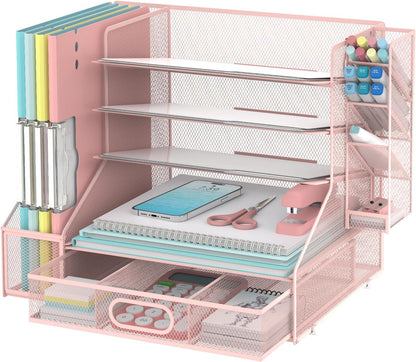 Desk Organizer with 5 Tier File Holder and Sliding Drawer Pen Holder Black