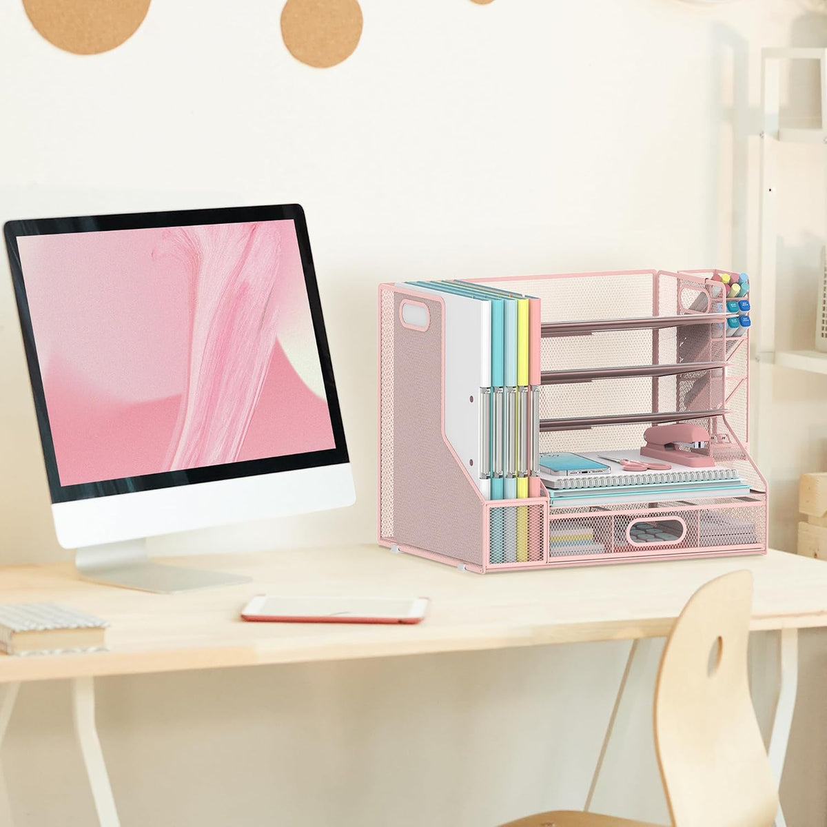 Desk Organizer with 5 Tier File Holder and Sliding Drawer Pen Holder Black
