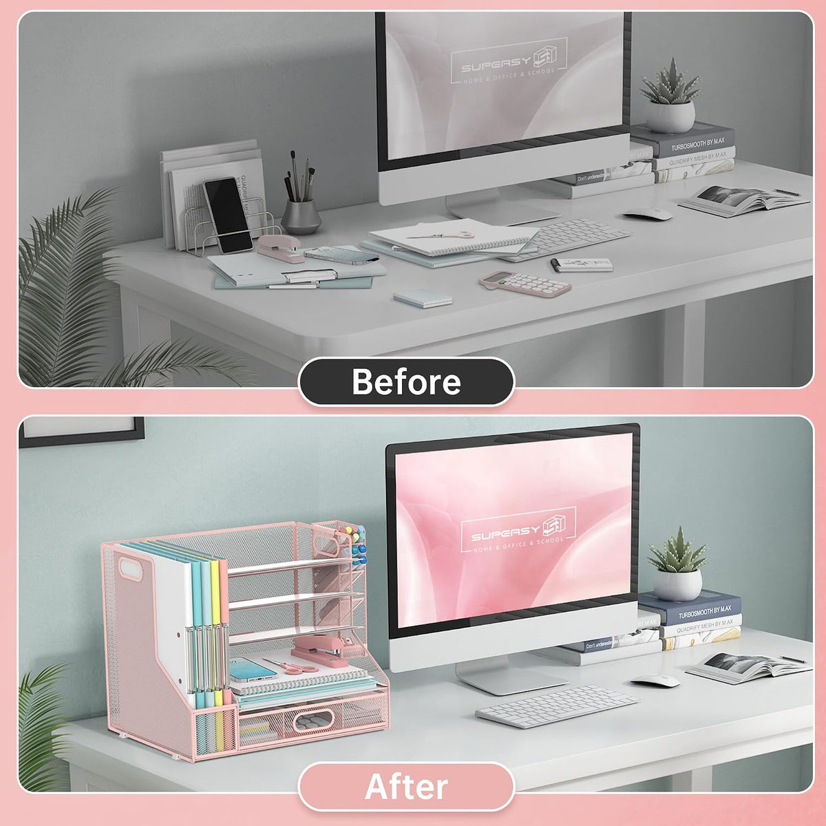 Desk Organizer with 5 Tier File Holder and Sliding Drawer Pen Holder Black