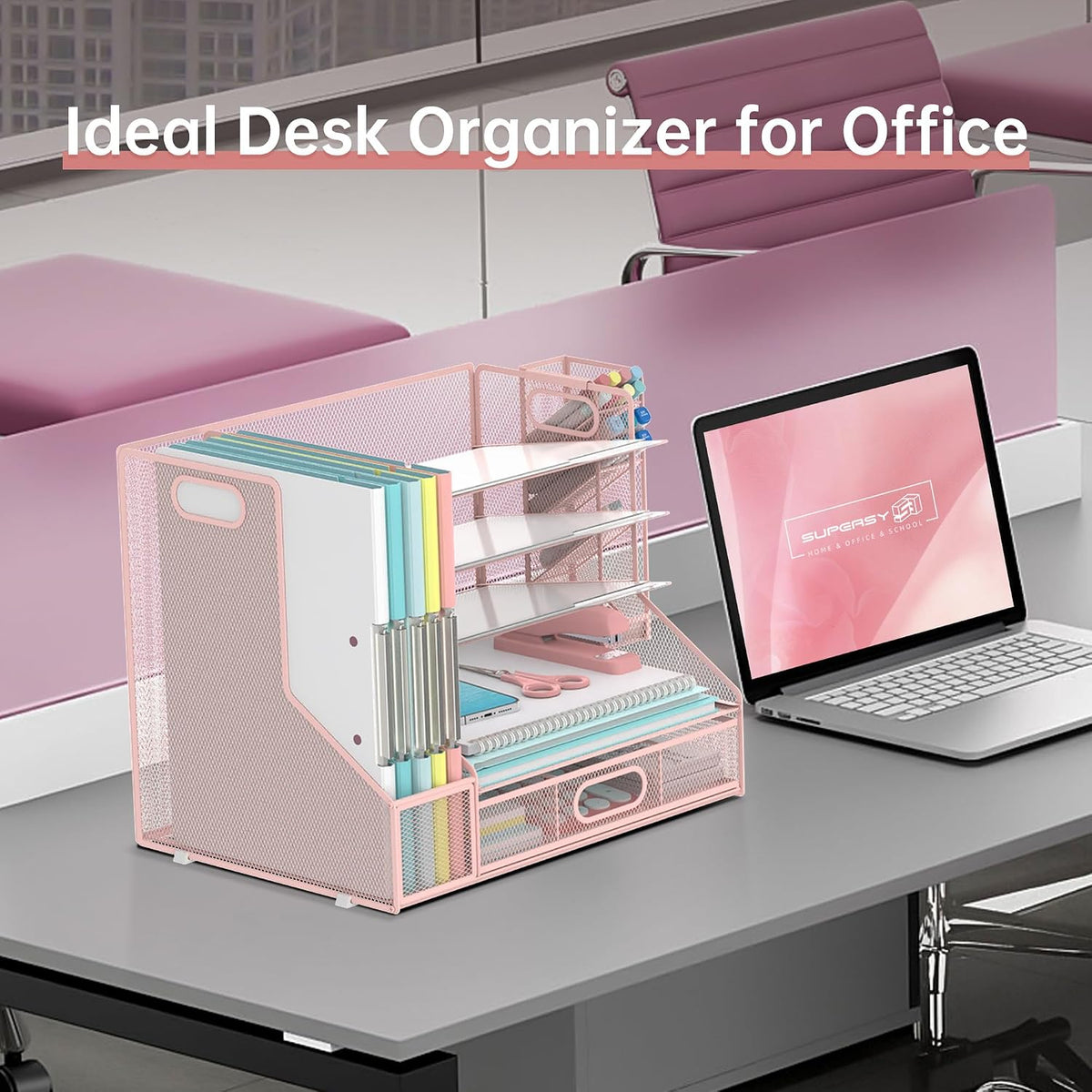 Desk Organizer with 5 Tier File Holder and Sliding Drawer Pen Holder Black