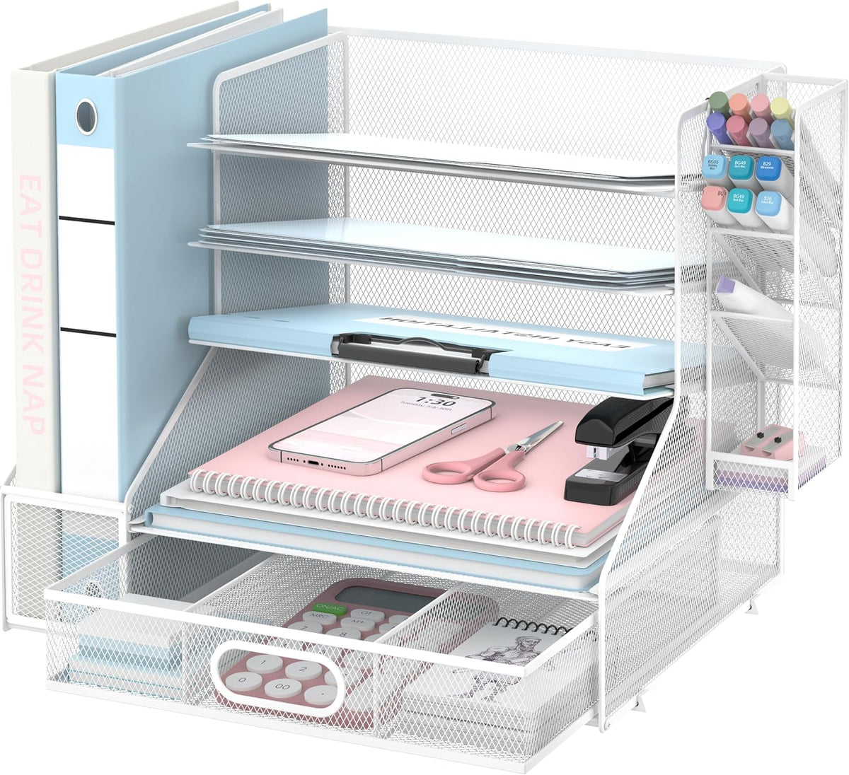 Desk Organizer with 5 Tier File Holder and Sliding Drawer Pen Holder Black