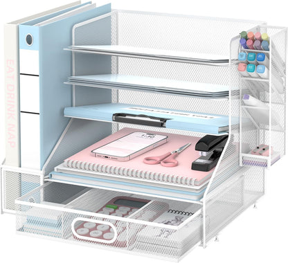 Desk Organizer with 5 Tier File Holder and Sliding Drawer Pen Holder Black