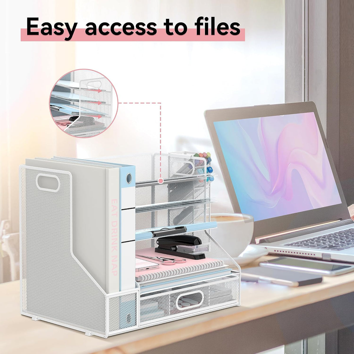 Desk Organizer with 5 Tier File Holder and Sliding Drawer Pen Holder Black