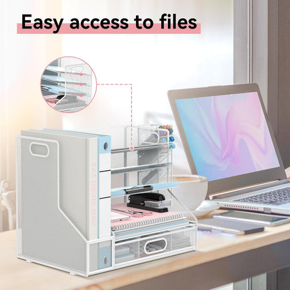 Desk Organizer with 5 Tier File Holder and Sliding Drawer Pen Holder Black