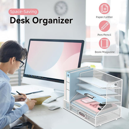 Desk Organizer with 5 Tier File Holder and Sliding Drawer Pen Holder Black