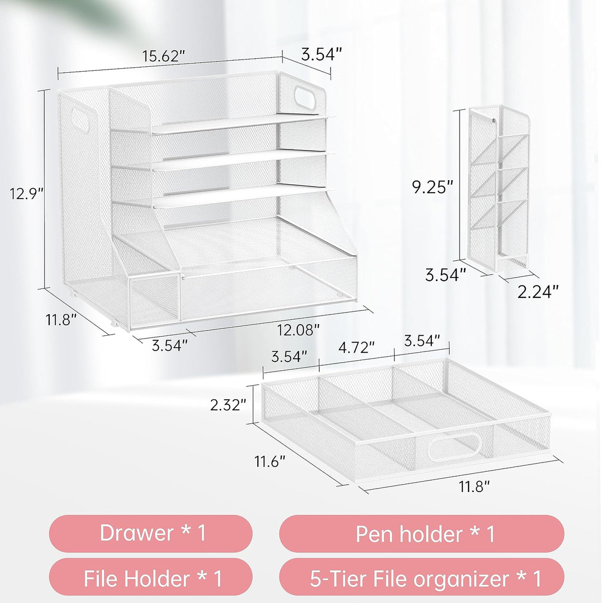 Desk Organizer with 5 Tier File Holder and Sliding Drawer Pen Holder Black
