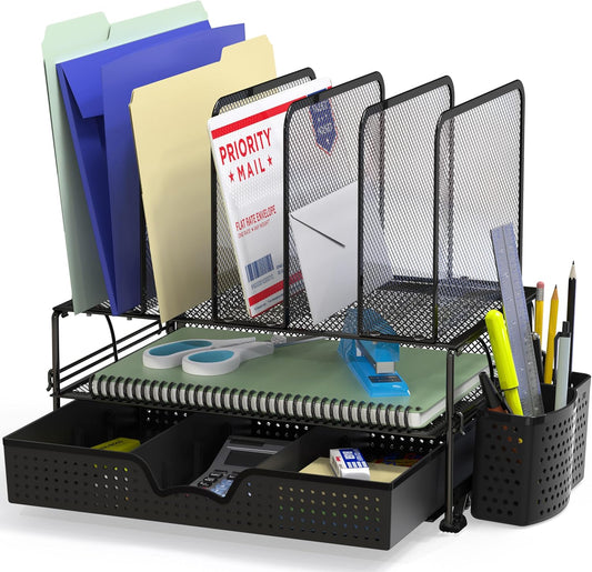 Desk File Organizer for Office Supplies w/Drawer, Black