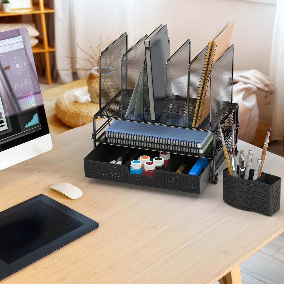 Desk File Organizer for Office Supplies w/Drawer, Black