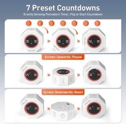 Pomodoro Timer with 5/10/15/20/25/50/90 Min Presets, 3 Level Volume