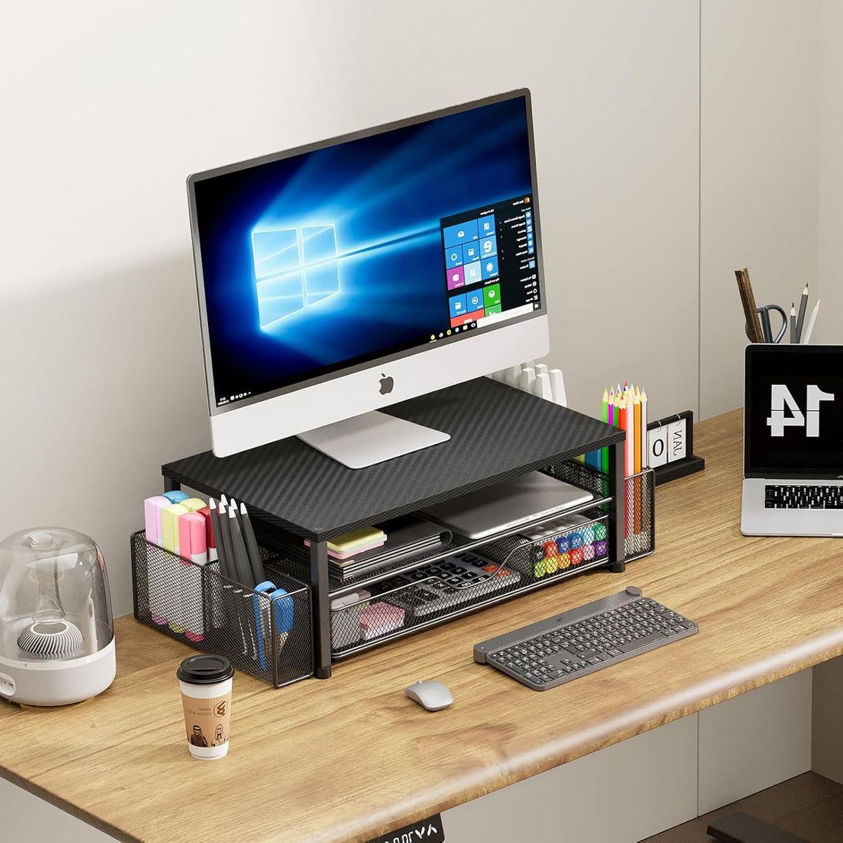 Desk Organizers and Accessories, Computer Monitor Stand Riser with Drawer and 2 Pen Holders, Printer & Laptop Stand, Office Desk Accessories & Workspace Organizers for Home Office Supplies, Black