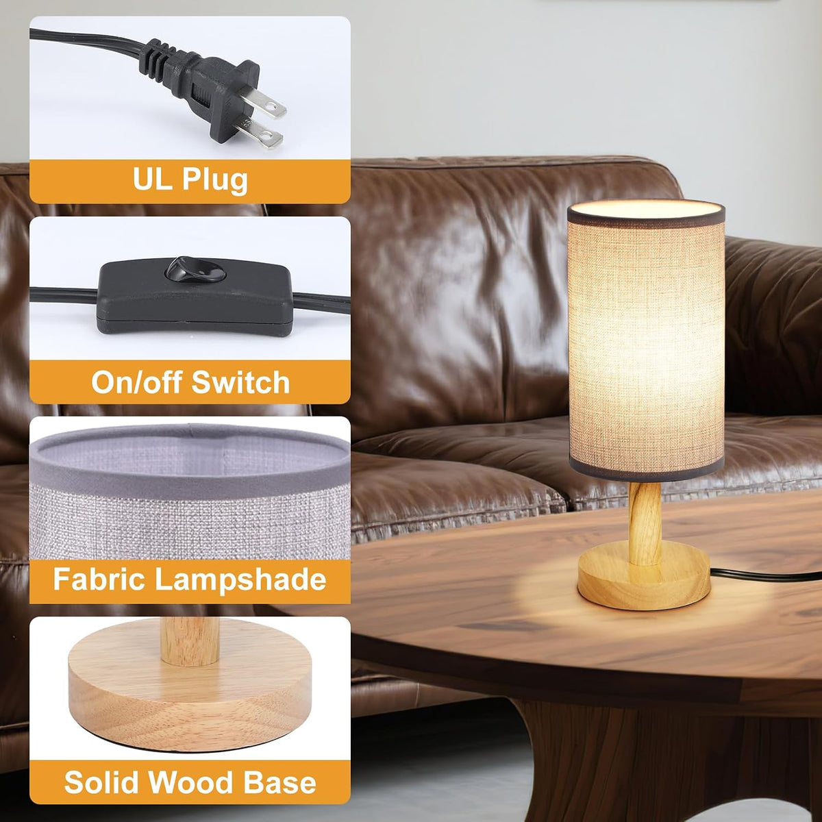 Small Bedside Table Lamp for Bedroom,Natural Round Wood Base&Fabric Linen Shade,Cozy Night Table Light for Study Reading,Minimalist Boho Desk Lamp for Nightstand,Living Room,Nursery,Kitchen,Dorm
