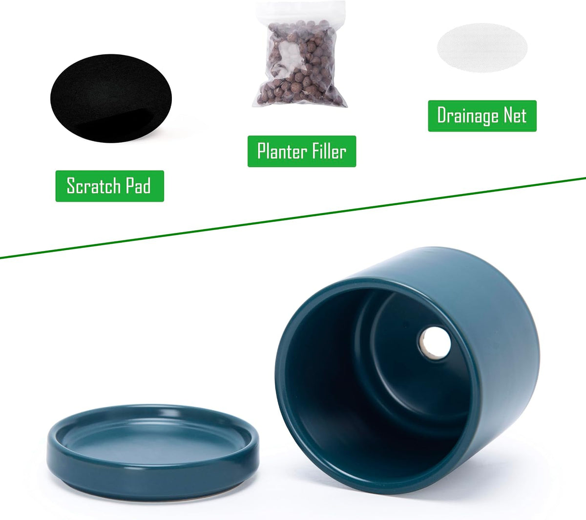 D'vine Dev 4.7 Inch Ceramic Planter Pot with Drainage Hole and Saucer, Indoor Cylinder Round Planter Pot, Teal, 94-O-B-9