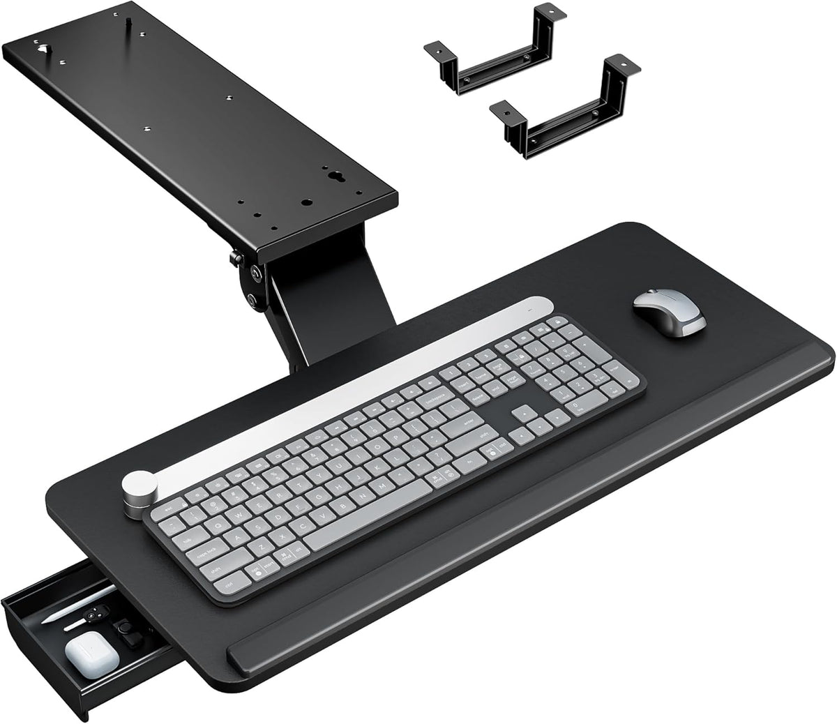 PEGZONE Keyboard Tray Under Desk Slide Out, 25 x 11 inch, Black | with Storage Drawer, Height Adjustable Swivel Tilt, Ergonomic Under Desk Mount Keyboard & Mouse Holder for Gaming Home Office