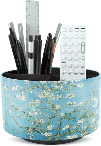 Round Leather Art Supply Organizer,Remote Control Holder,360 Degree Rotating,Multi-Functional Pencil Holder,4 Compartments Desktop Stationary Organizer(1-Blue Bird) - Colors A