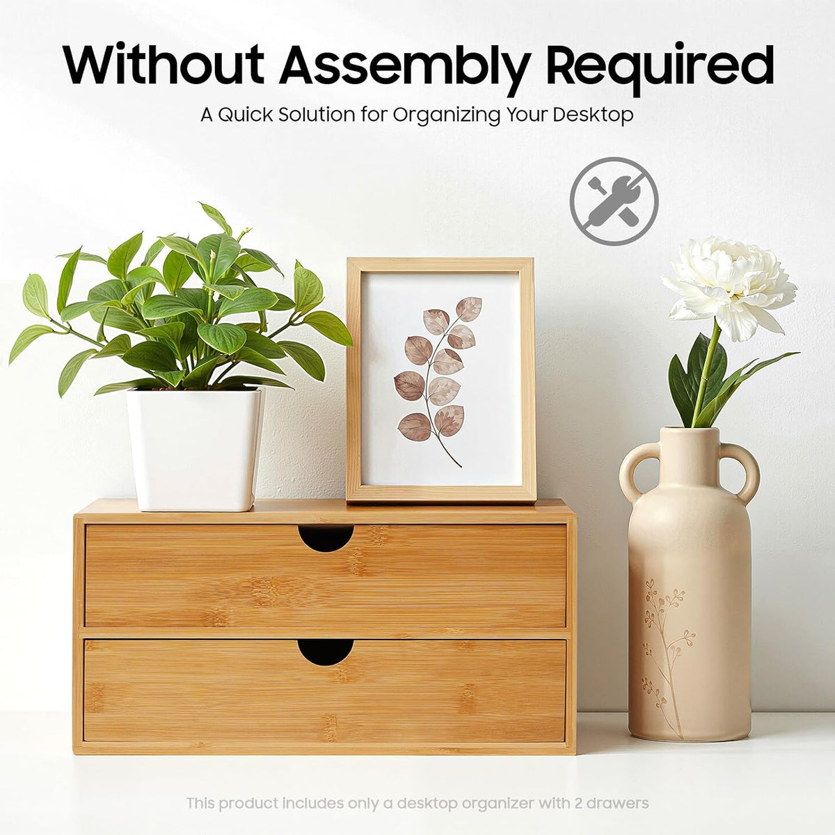 Desk Organizer, Office Vanity Bamboo Desk Organizer, Mini Bamboo Desk Drawer Tabletop Storage Box with 2 Drawer Night Stand Table Organizer for Makeup Vanity Office Supplies (2 Drawer)