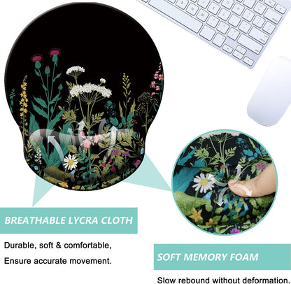 Mouse Pad with Wrist Support, Ergonomic Mouse Pad with Memory Foam Wrist Rest Cushion, Non-Slip Rubber Base Gaming Mice Pad for Home Office Computer Laptop, Flower Black