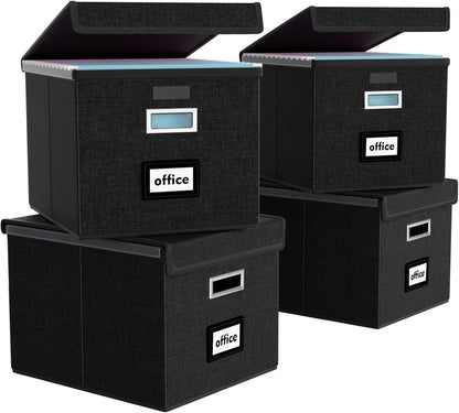 Upgraded Portable File Organizer Box with Lid, Collapsible Linen Hanging Filing Storage Boxes with Plastic Slides, Decorative Home/Office Filing System Box for File and Folders Storage (Gray)