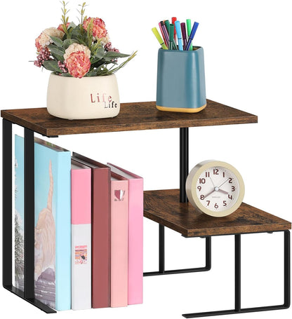 Shinoske Desk Shelf Organizer,15.7" Adjustable Corner Shelf Organizer,2-Tier Small Desktop Bookshelf,Spice Rack,Home Office Wood Display Shelf,Rustic Brown