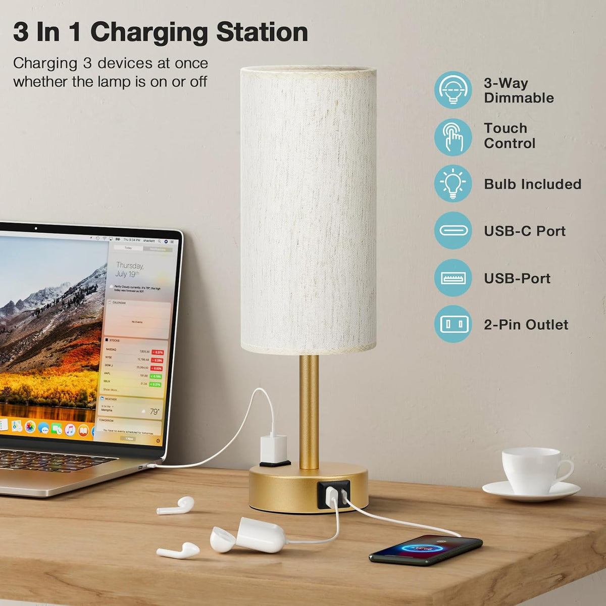 Fenmzee Bedside Table Lamp for Bedroom - Dimmable Touch, USB A+C, AC Outlet