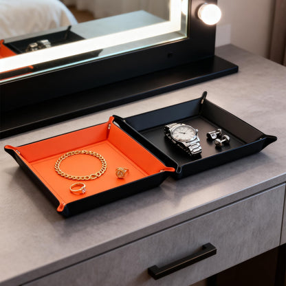 Valet Tray Desktop Storage Organizer – Vegan Leather Catchall Bedside Vanity Tray Nightstand Caddy Holder for Remote Controller, Watch, Keys, Phone, Wallet, Coin, Jewelry (Orange/Black)