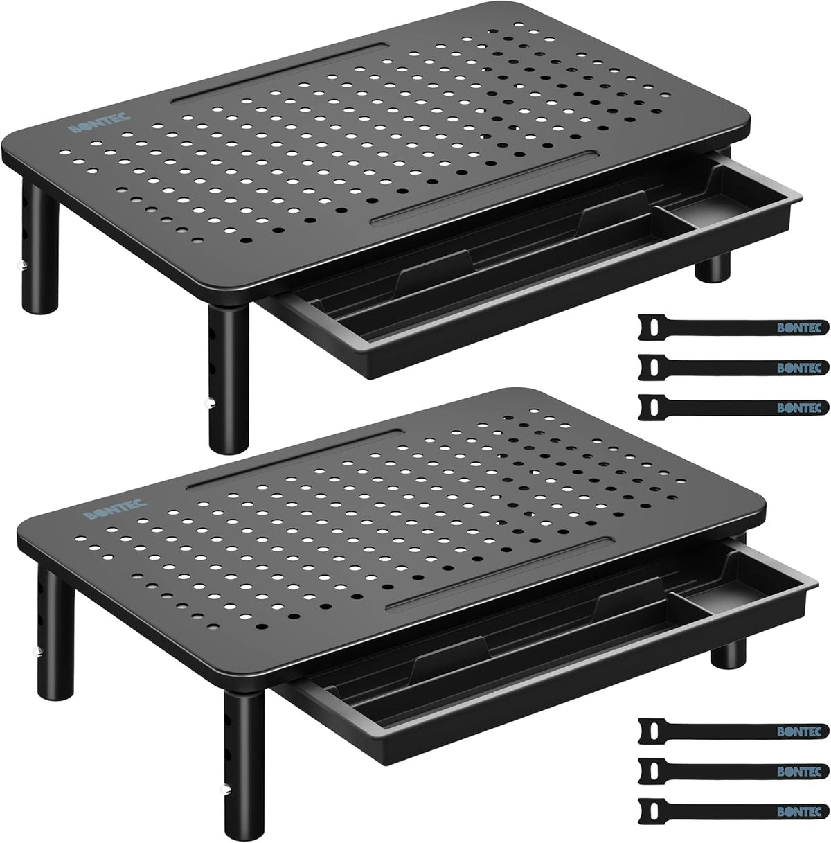 BONTEC Adjustable Monitor Stand Riser with Drawer, Ergonomic Mesh Platform Computer Monitor Stand for Desk, Ventilated Laptop and PC Stand with Cable Management, Supports up to 44lbs