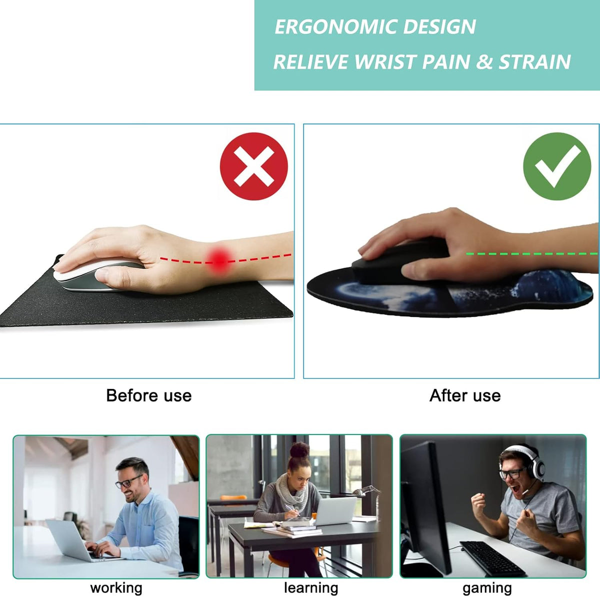 Mouse Pad with Wrist Support, Ergonomic Mouse Pad with Memory Foam Wrist Rest Cushion, Non-Slip Rubber Base Gaming Mice Pad for Home Office Computer Laptop, Flower Black