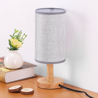 Small Bedside Table Lamp for Bedroom,Natural Round Wood Base&Fabric Linen Shade,Cozy Night Table Light for Study Reading,Minimalist Boho Desk Lamp for Nightstand,Living Room,Nursery,Kitchen,Dorm