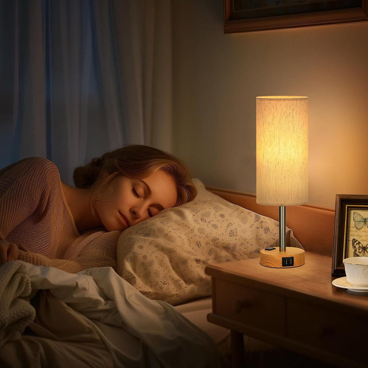 Fenmzee Bedside Table Lamp for Bedroom - Dimmable Touch, USB A+C, AC Outlet