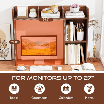 Desktop Bookshelf, Countertop Storage Hutch with 5 Shelves for Computer Desk, Desk 3-Tier Display Rack, Multipurpose Wood Desktop Hutch Storage Organizer for Dorm Office Home