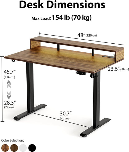 48 * 24 Inch Electric Standing Desk with Shelf & Led, Dark Walnut