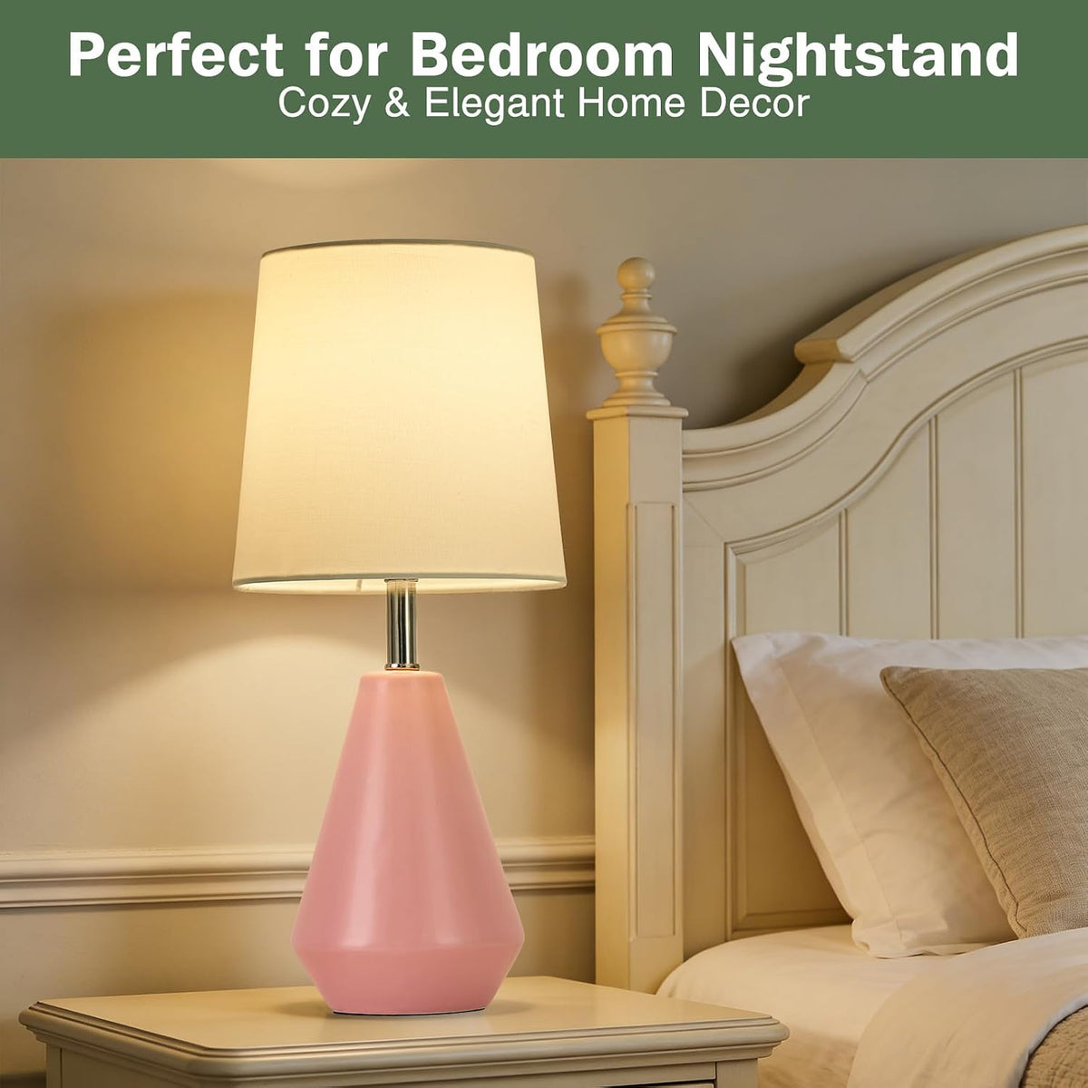 Small Bedside Table Lamp for Bedroom - Reading Desk Lamp with 3 Color Temperatures，15.5" Nightstand Ceramic Lamp with Fabric Shade for Kids Room,Living Room,Dorm,Home Office (Green)