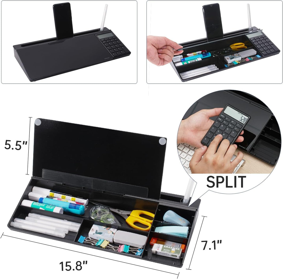 TSJ OFFICE Desktop Whiteboard Dry-Erase-Board - Computer Keyboard Stand White Board Surface Pad with Drawer, Desk Organizers with Accessories for Office, Home, School Supplies - Black