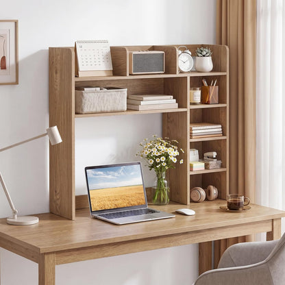 Desktop Bookshelf, Countertop Storage Hutch with 5 Shelves for Computer Desk, Desk 3-Tier Display Rack, Multipurpose Wood Desktop Hutch Storage Organizer for Dorm Office Home