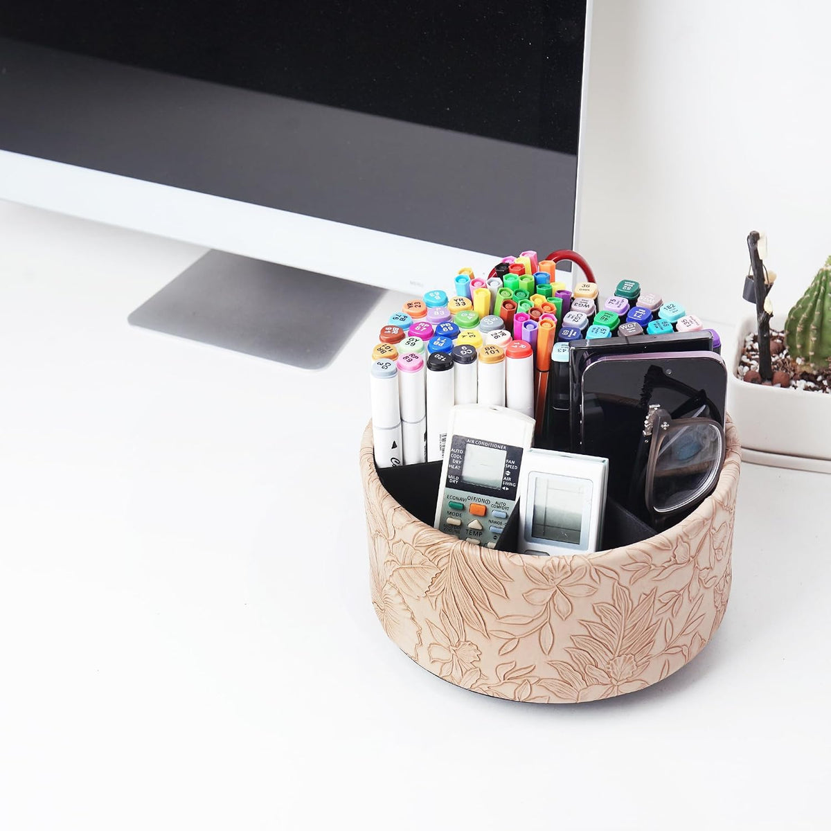 Round Leather Art Supply Organizer,Remote Control Holder,360 Degree Rotating,Multi-Functional Pencil Holder,4 Compartments Desktop Stationary Organizer(1-Blue Bird) - Colors B