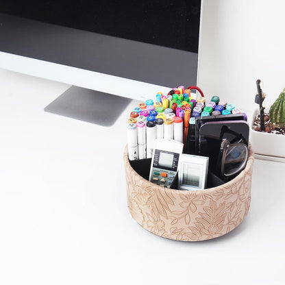 Round Leather Art Supply Organizer,Remote Control Holder,360 Degree Rotating,Multi-Functional Pencil Holder,4 Compartments Desktop Stationary Organizer(1-Blue Bird) - Colors B