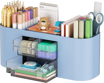 Marbrasse Desk Organizer Pen Holder for Desk with 3 Drawers, Multi-Functional Pencil Holder, Desk Organizers and Accessories with 7 Compartments for Home, School, Classroom(Pink)