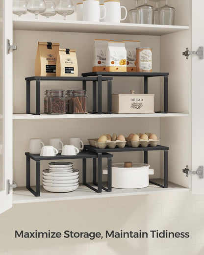 SONGMICS Cabinet Organizer Shelf, Set of 4 Kitchen Counter Shelves, Kitchen Storage, Spice Rack, Stackable, Expandable, Metal and Engineered Wood, Cloud White and Natural Beige UKCS010N01