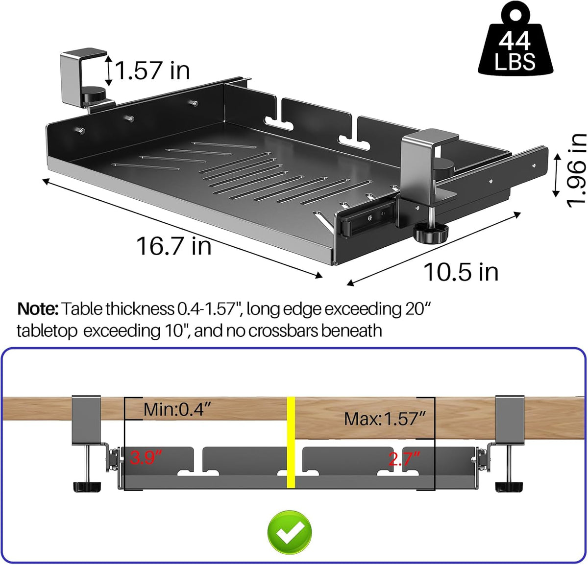 No Drill Under Desk Laptop Mount, Metal Under Desk Storage Shelf with Cable Management, Laptop Storage Tray for MacBook, Keyboard, Mac Mini, Anti-Scratch Silicone, Fits Office, Gaming, Workstations