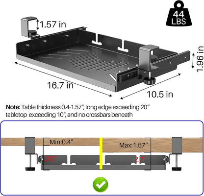 No Drill Under Desk Laptop Mount, Metal Under Desk Storage Shelf with Cable Management, Laptop Storage Tray for MacBook, Keyboard, Mac Mini, Anti-Scratch Silicone, Fits Office, Gaming, Workstations