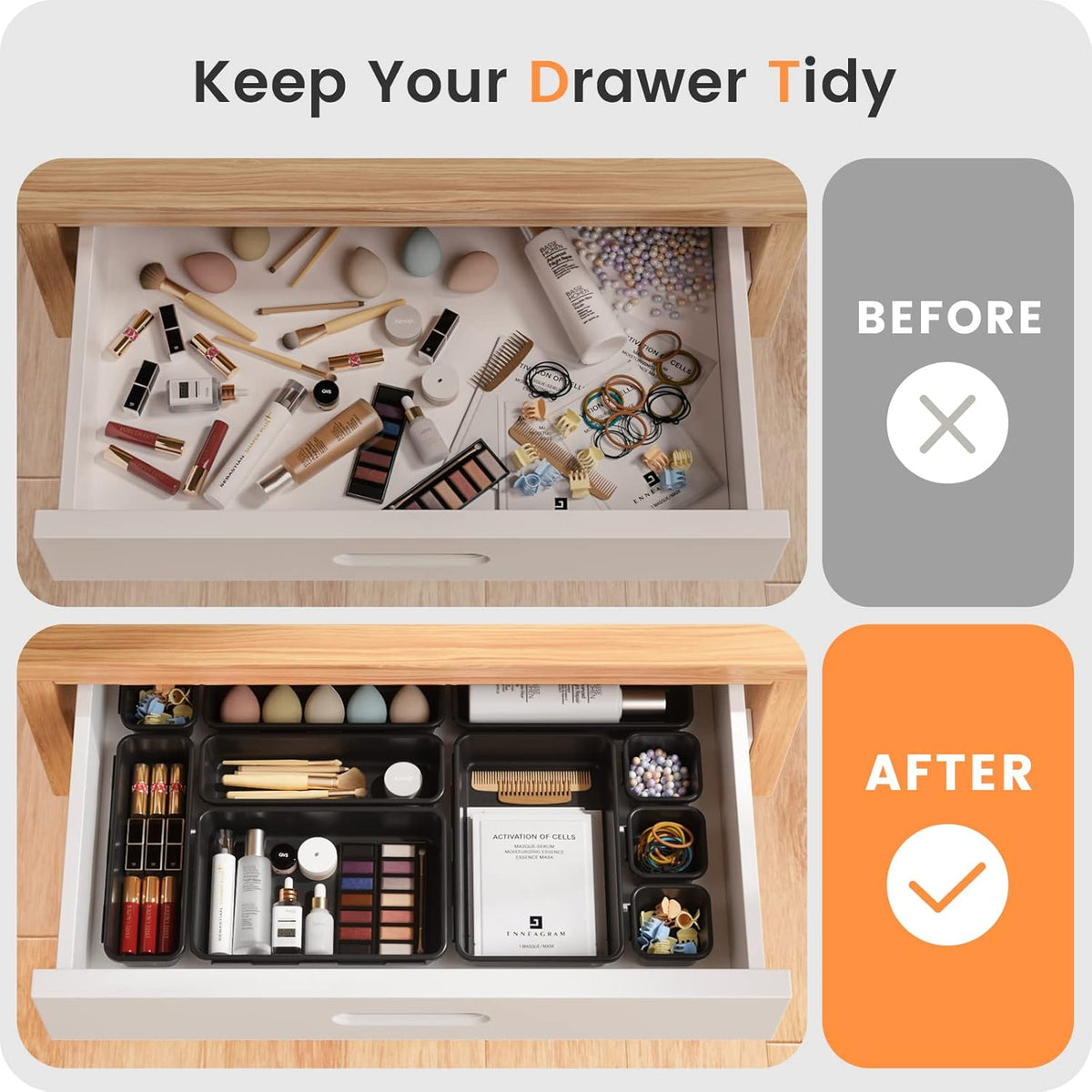A-LuGei 【Military Grade】 Drawer Organizer, 【𝟱𝗦𝗶𝘇𝗲】 Makeup organizer, 【Holds 177 Items】 Bathroom Organizers and Storage, Organization and Storage, Desk Drawer Organizer for Vanity (Clear)