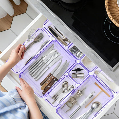 Adjustable Clear Drawer Organizer, Extendable Vanity Storage Bins, Desk Drawer Organizer Set for Makeup, Cosmetics, Bedroom, and Gadgets, Purple