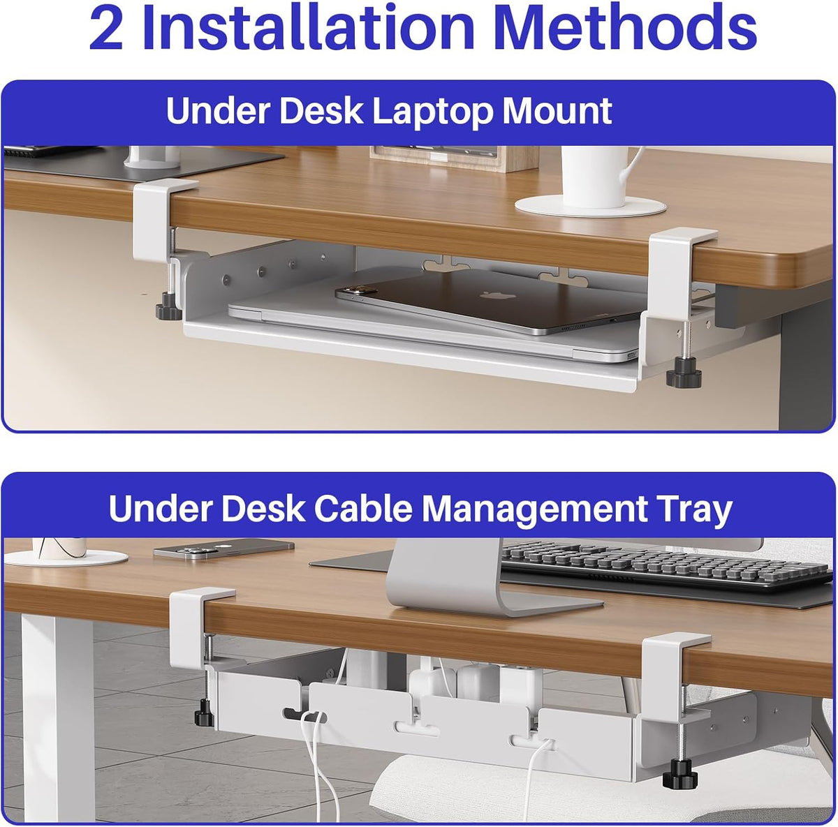 No Drill Under Desk Laptop Mount, Metal Under Desk Storage Shelf with Cable Management, Laptop Storage Tray for MacBook, Keyboard, Mac Mini, Anti-Scratch Silicone, Fits Office, Gaming, Workstations